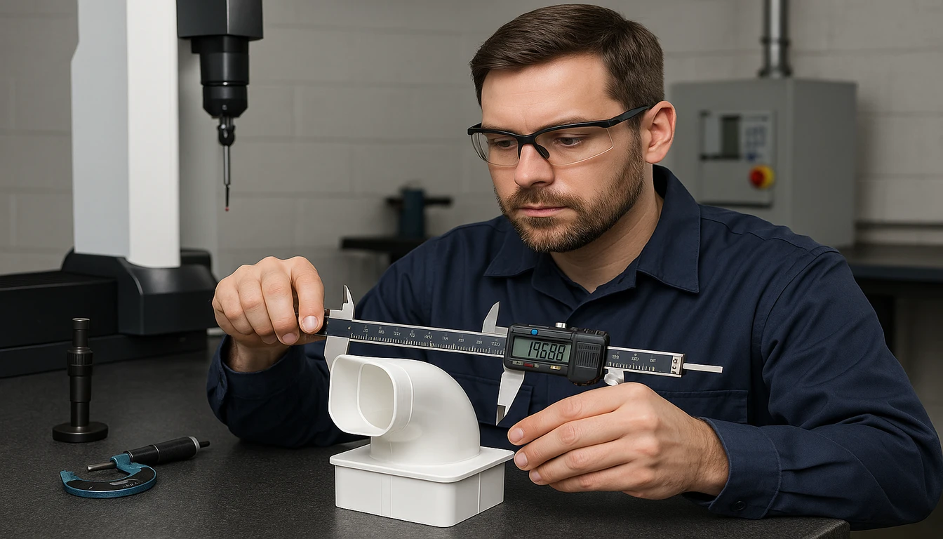 Quality control measurement of custom HVAC plastic duct component with calipers