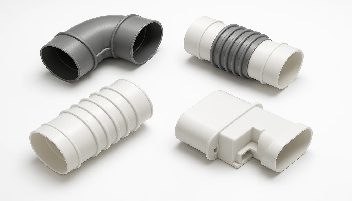 Injection molded plastic HVAC ductwork components including connectors and snap-fit fittings