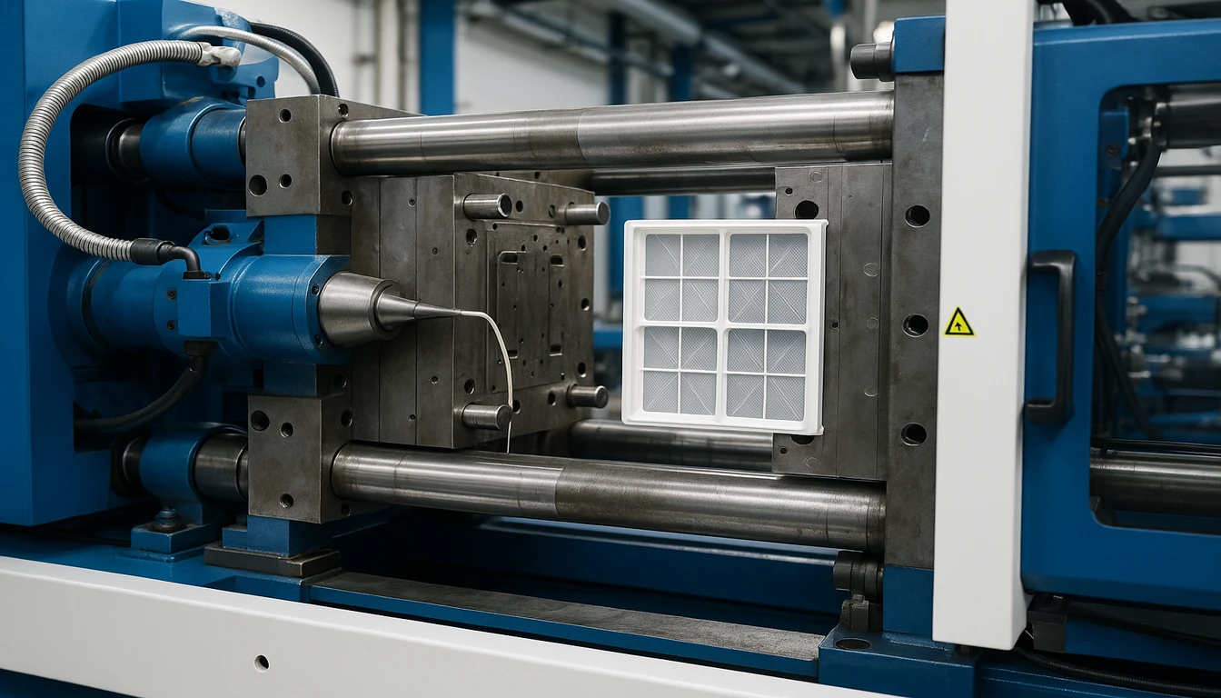 Injection molding machine producing plastic HVAC filter frames in a factory