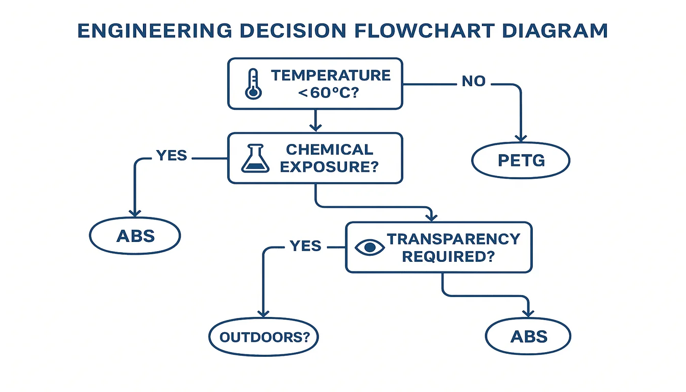 PETG vs ABS HVAC material selection decision flowchart showing four-step engineering evaluation process for temperature chemical exposure transparency and outdoor applications PETG vs ABS HVAC material selection decision flowchart showing four-step engineering evaluation process for temperature chemical exposure transparency and outdoor applications