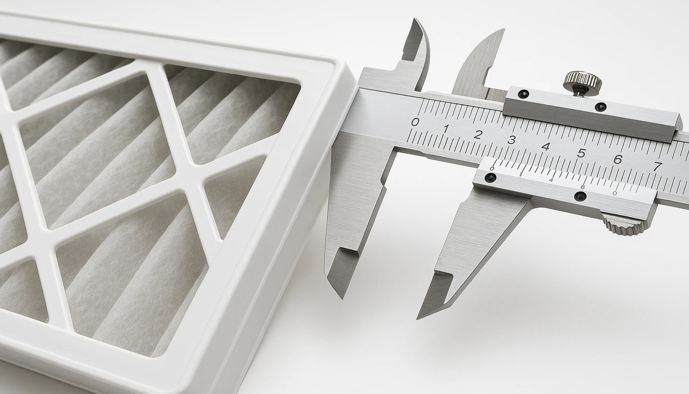 Precision plastic HVAC filter frame with measurement calipers showing dimensional accuracy