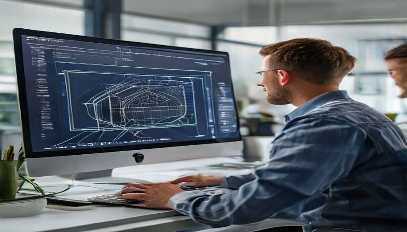 Engineer reviewing plastic HVAC component design on CAD software for injection molding