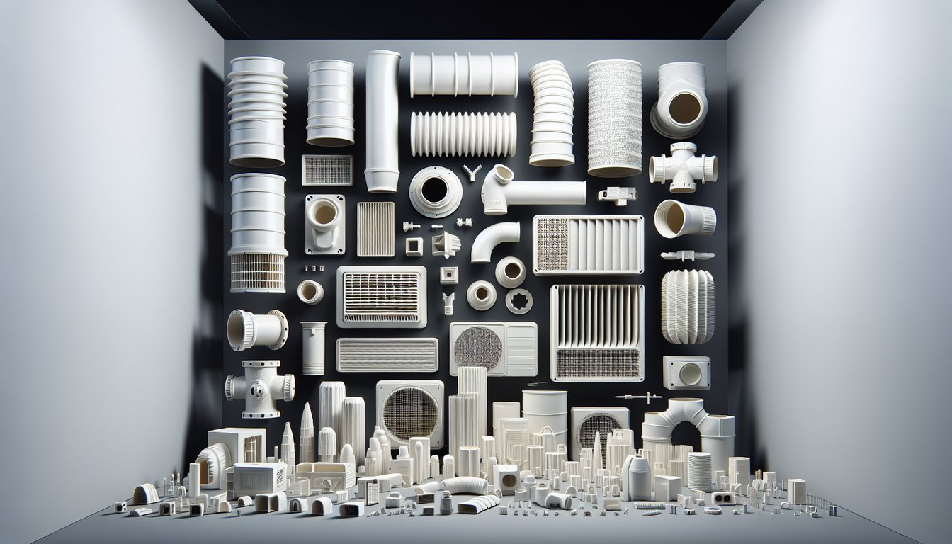 Array of injection-molded HVAC plastic components including elbows, connectors, grilles, and transition fittings