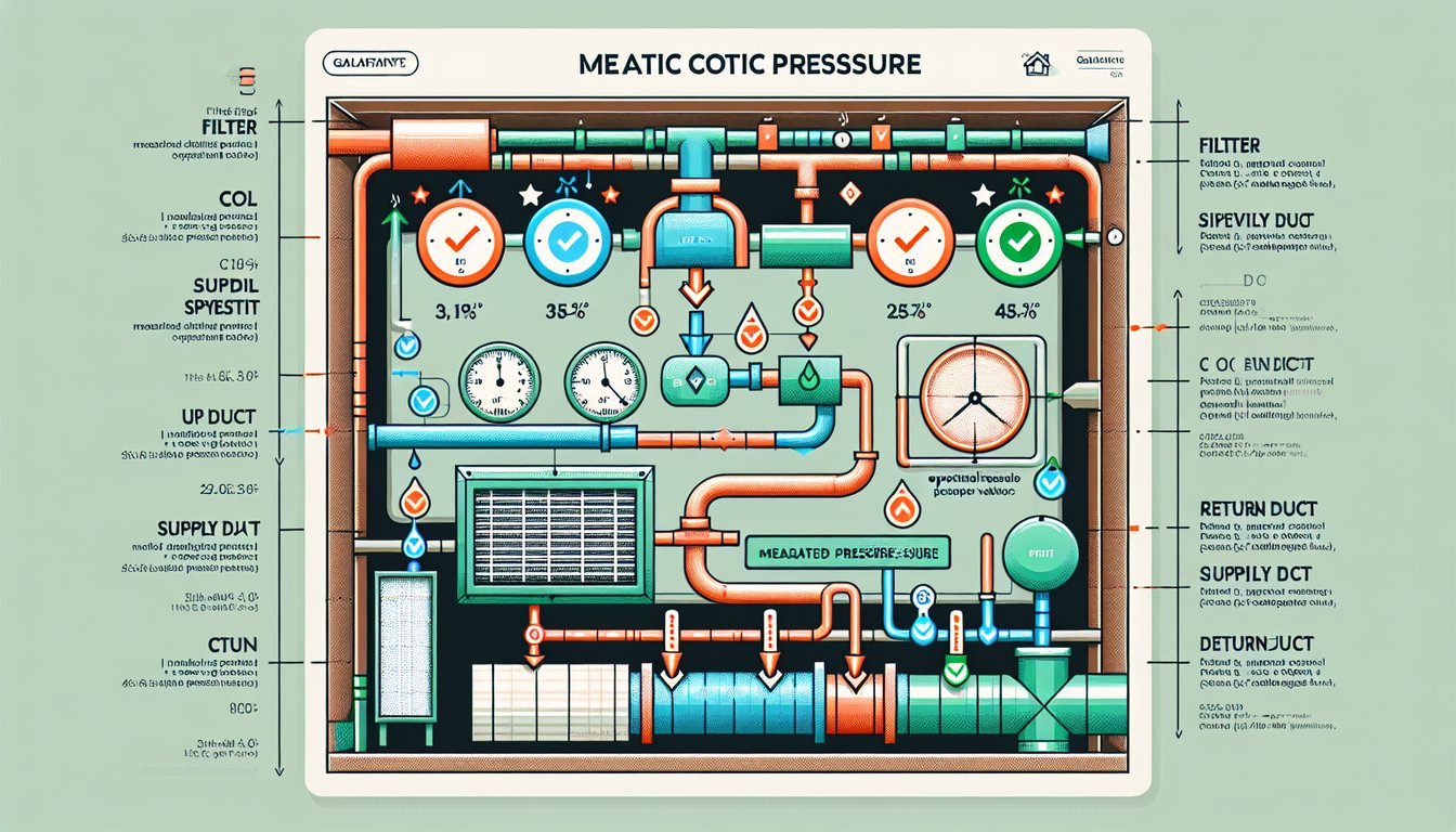 HVAC system static pressure summary diagram showing optimal values at each measurement point