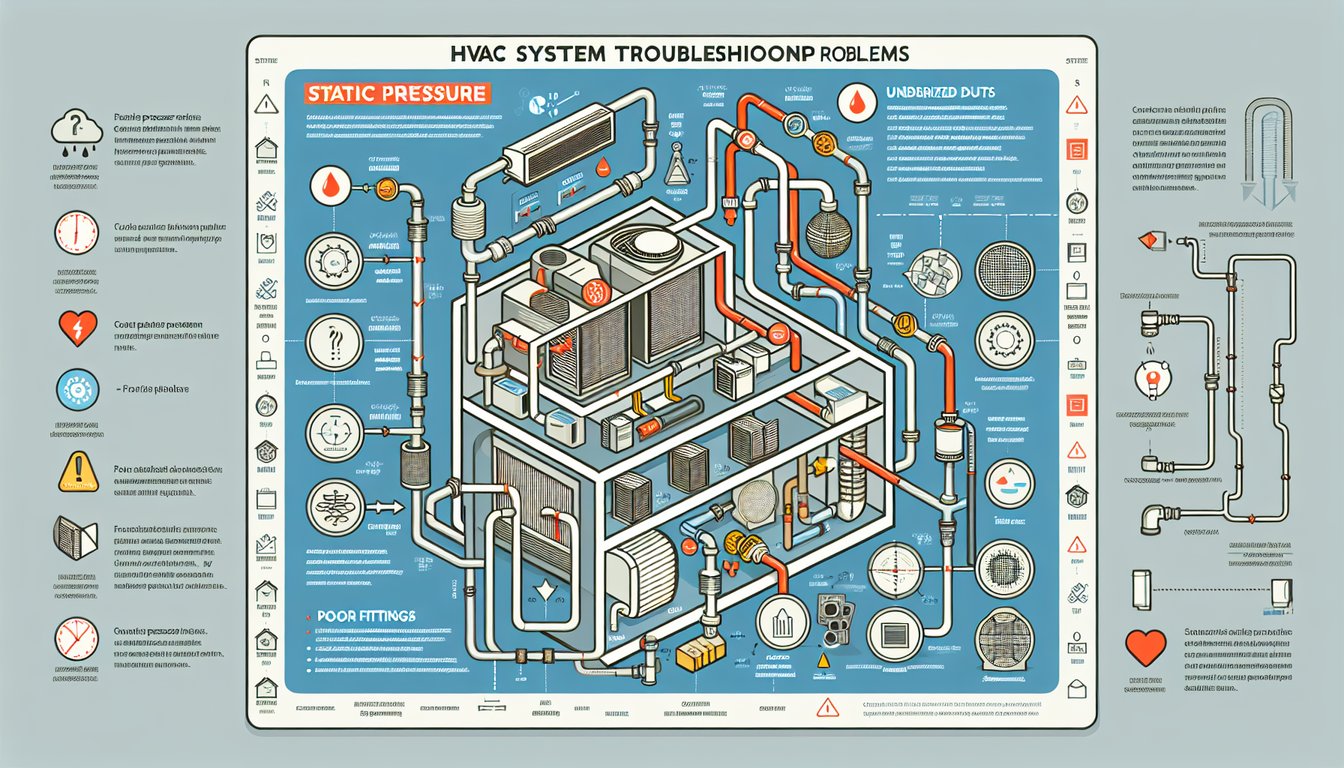 HVAC system diagnostic diagram showing common static pressure problem locations including clogged filters, tight bends, and leaky connections