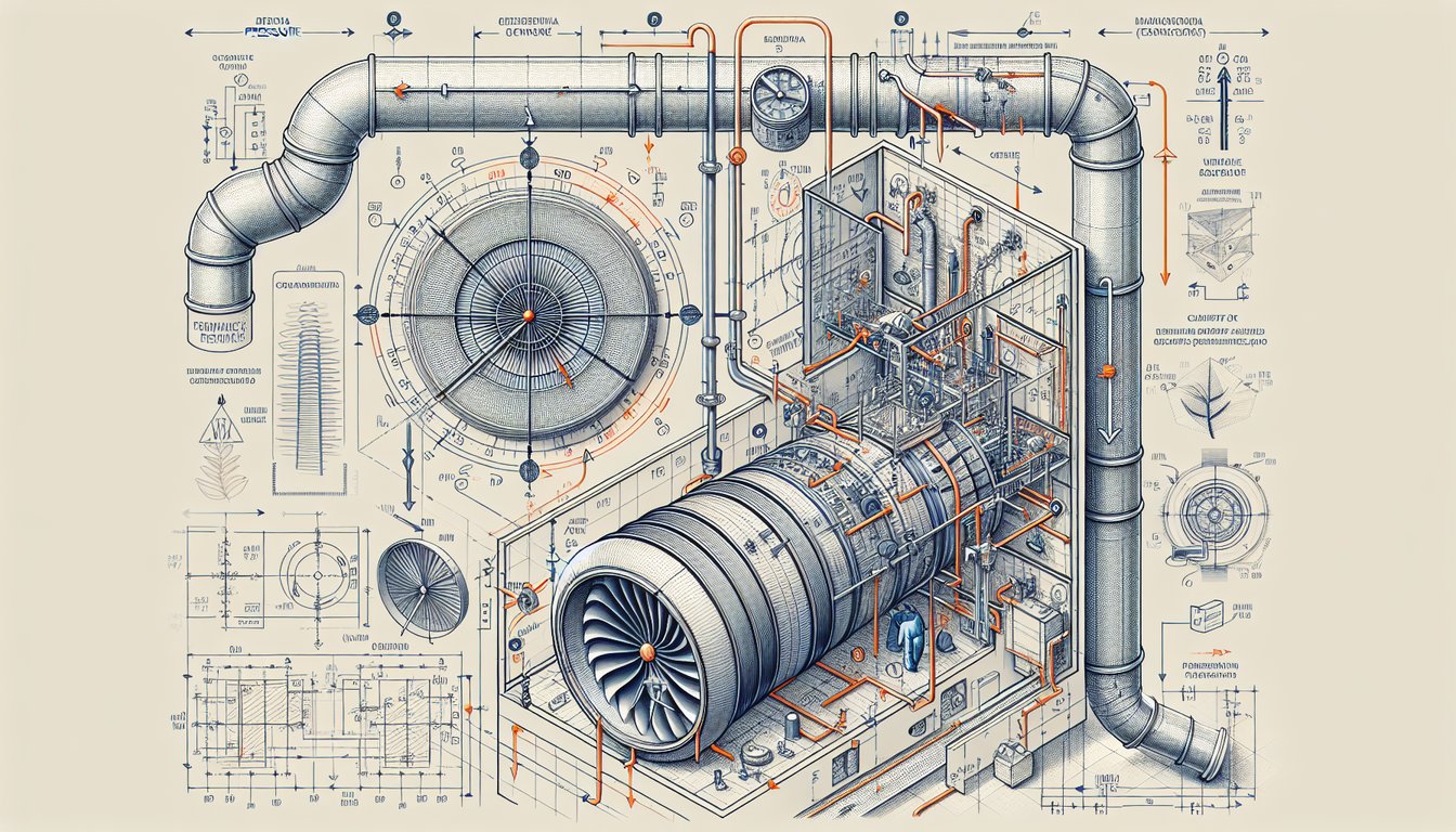 HVAC duct system cross-section showing static pressure measurement points and airflow direction