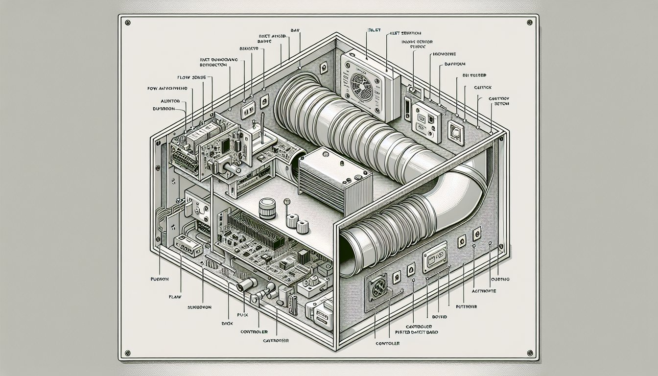 VAV terminal box components showing damper, actuator, flow sensor and controller