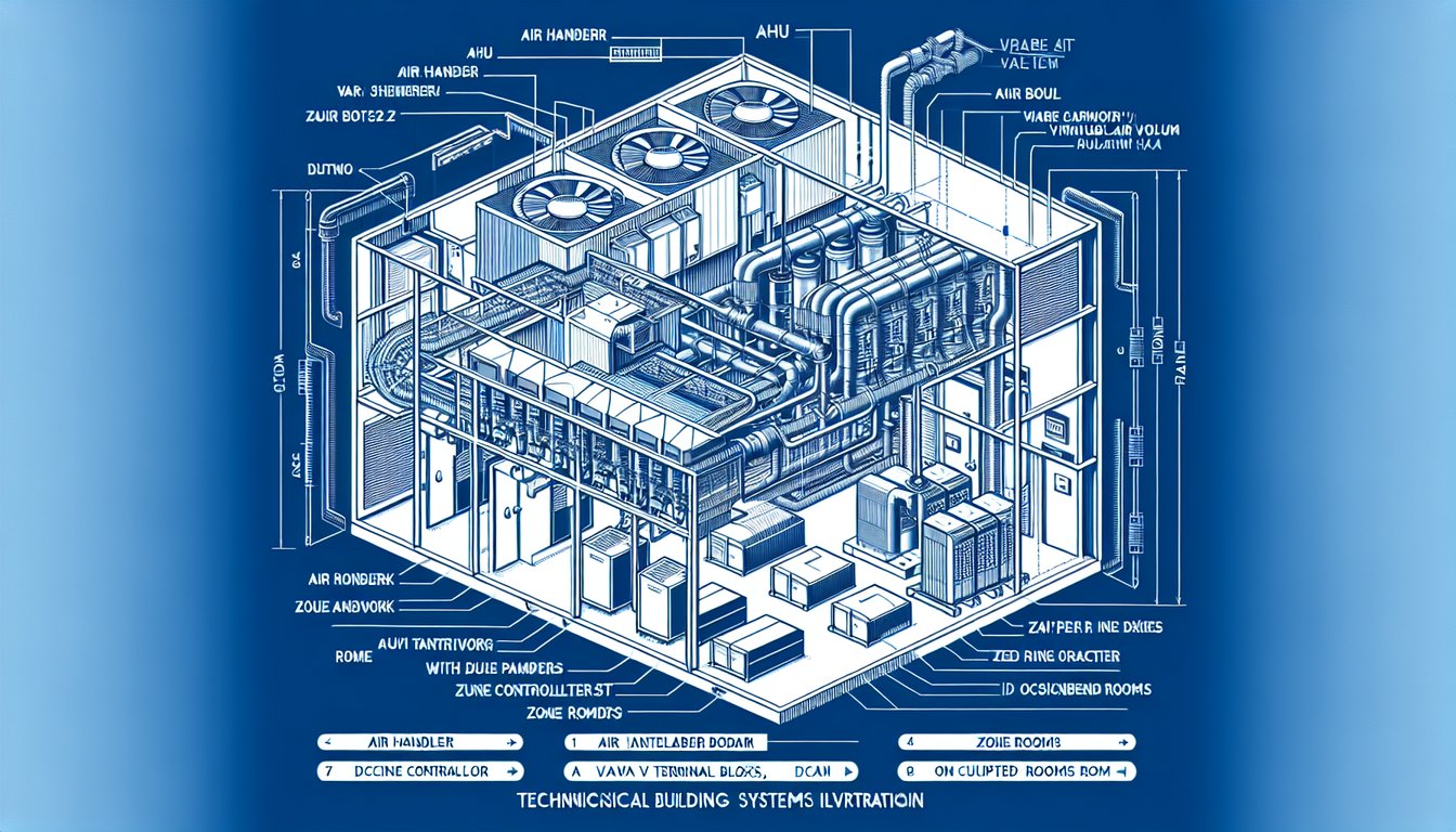VAV system diagram showing AHU, ductwork, VAV terminal boxes and zone controllers